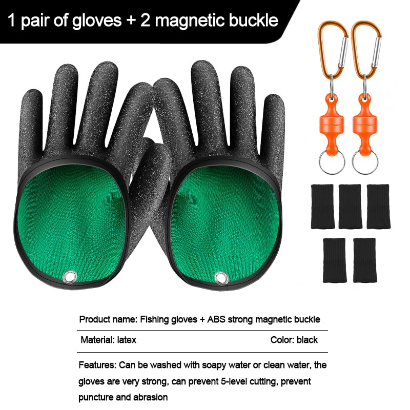 2Pcs Fishing Gloves with Magnet Release, Professional Anti-Slip Catch Fish Gloves for Women Men, Puncture Proof Ice Fishing Glove for Handling,Catching, Fisherman Fishing Accessories (Black)