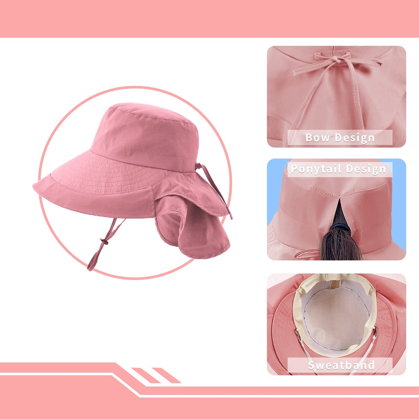 Sun Hats for Women Hiking Fishing Hat Wide Brim Hat with Large Neck Flap Sun Protection Hats for Men and Women Pink
