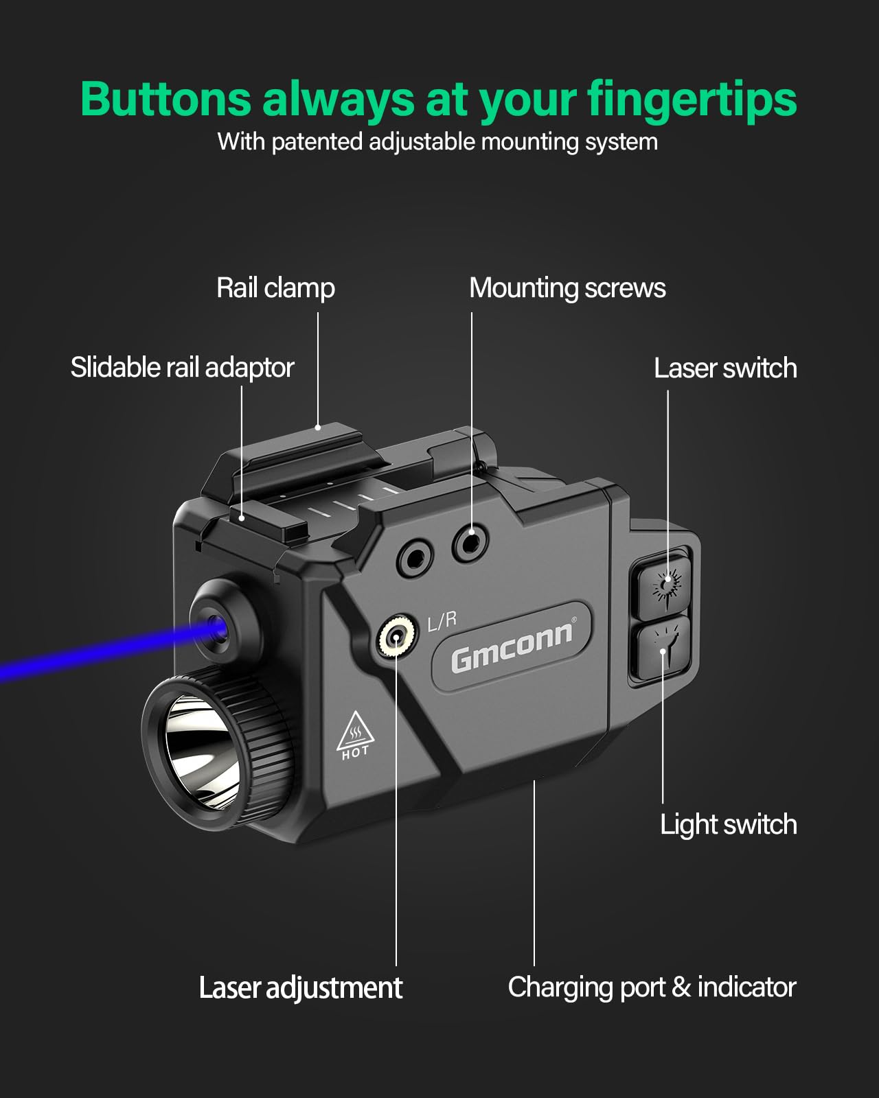 Gmconn 800 Lumens Pistol Light and Green Red Blue Laser Combo, Tactical Flashlight with Beam for Pistol with Rail (Blue Laser)