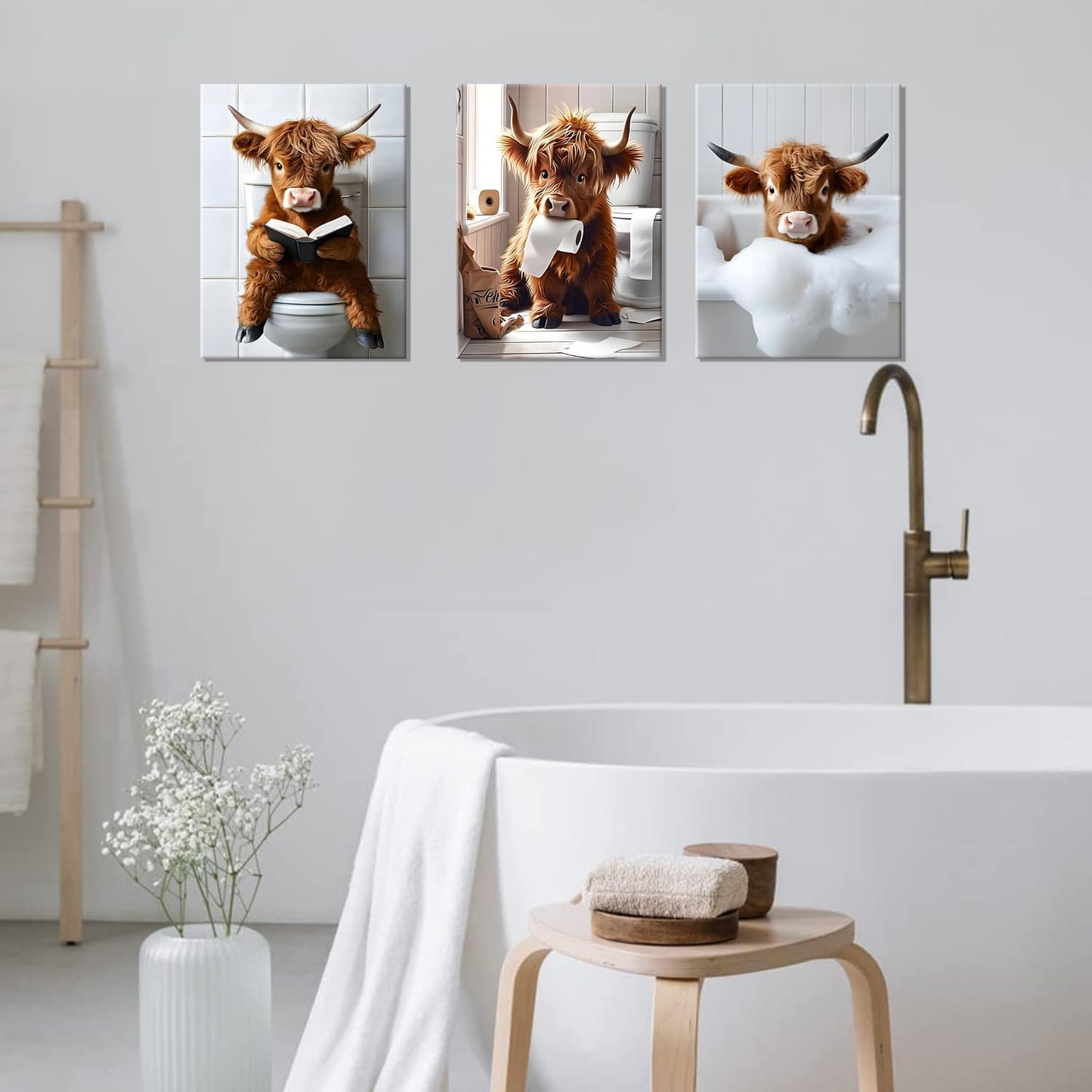 JBZDD Highland Cow Bathroom Canvas Wall Art Set of 3, Funny Cute Rustic Farmhouse Cow Prints for Bathroom Restroom Home Decor 24x16 Inch Framed