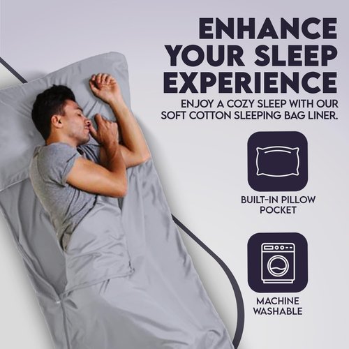 XL Sleeping Bag Liner 90"x 40" Cotton/Polyester Blend,Travel Sheet for Hotels, Camping Sheets, Portable Zippered Sack, Self Tan Sleep Sack, Reinforced Seams, Pillow Pocket, Warm & Cold Weather