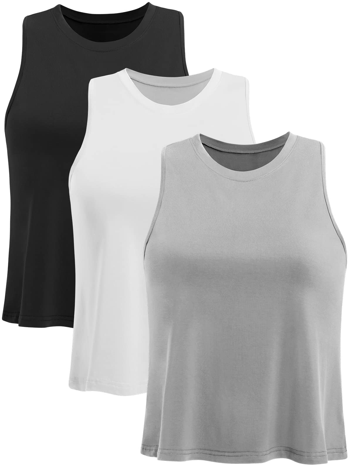 Ridshy Crop Tops for Women Workout Muscle Tank Top Cropped Loose Flowy Tank Tops Yoga Sleeveless Exercise Shirts Athletic Tanks Tennis Activewear Tops Gym Clothes 3 Pack Black/Gray/White S
