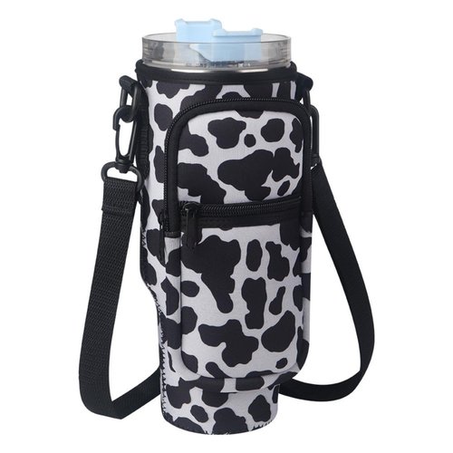 PETSTAY Water Bottle Carrier Bag with Phone Pocket for Stanley Quencher H2.0 & Adventure 40oz Tumbler, Adjustable Shoulder Hand Strap, Accessories for Walking Hiking Travelling Camping (Cow)
