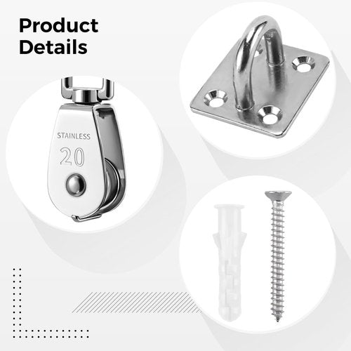 Pulley System Kit with 2 Single Sheave Blocks, Stainless Steel 20 mm Rope Pulleys, Heavy Duty Mounting Plates, Carabiners and 50ft Rope, Flag Pole Lifting System