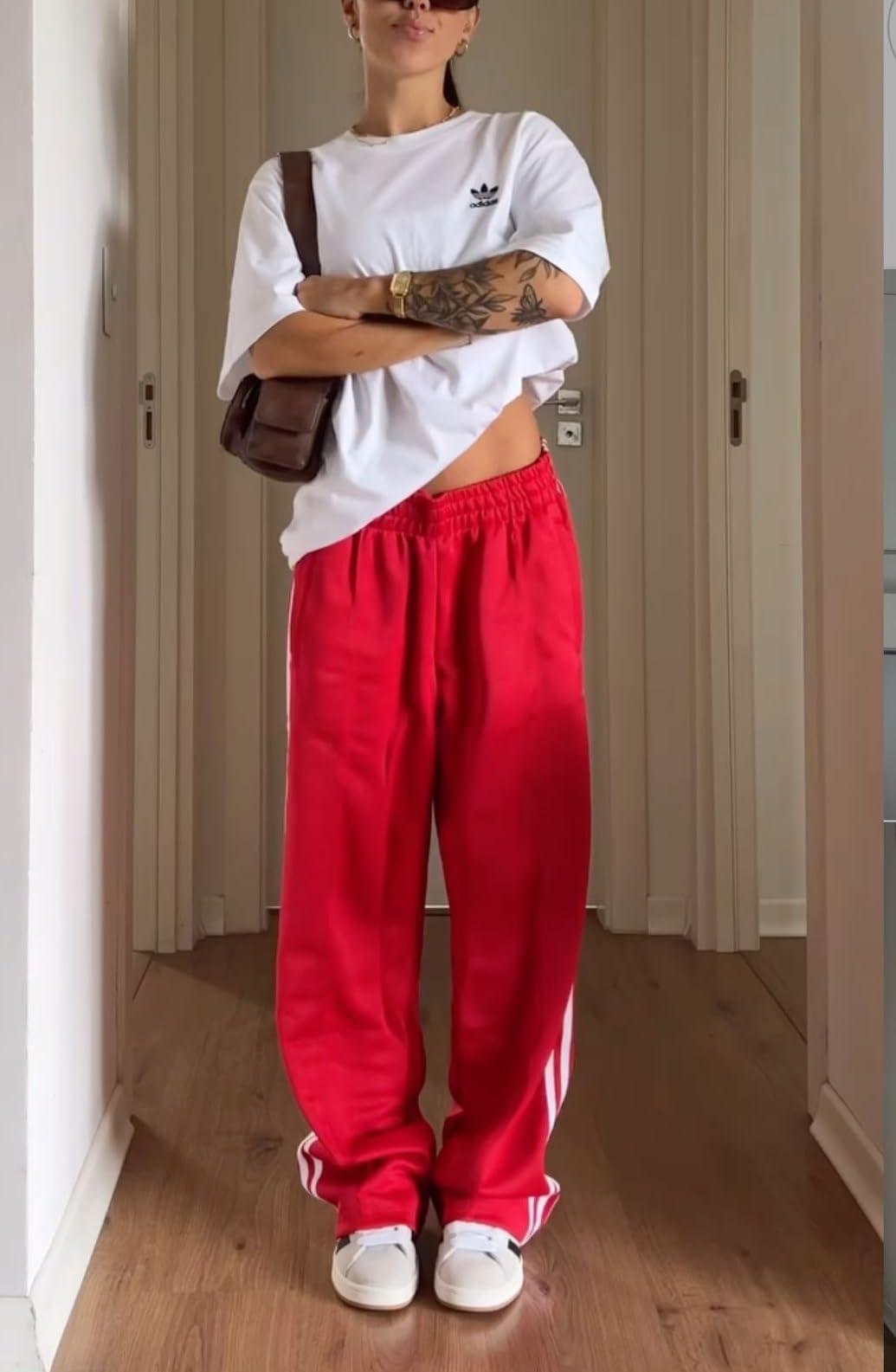 KMBANGI Women Striped Track Pants Elastic Waist Straight Leg Sweatpants Joggers Wide Leg Side Stripes Pants with Pockets(Casual Red,S)
