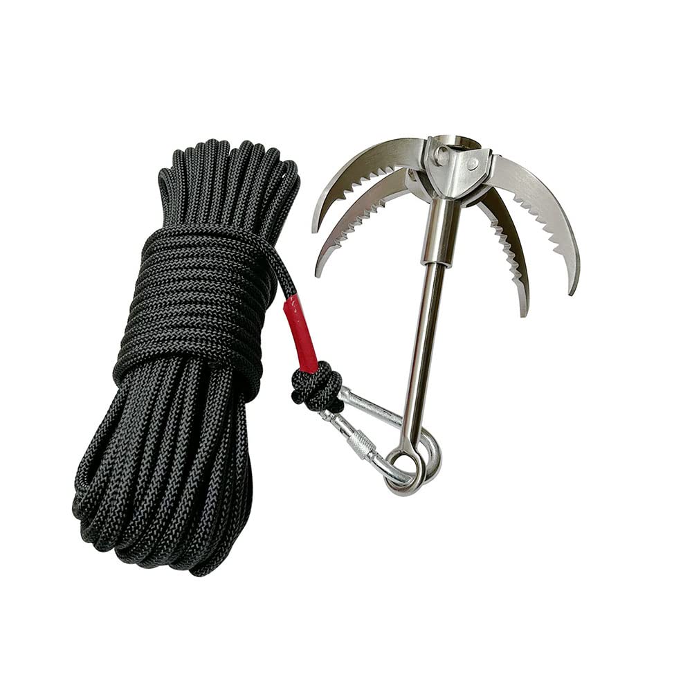 4-Claw Grappling Hook Stainless Steel Claw Carabiner,with 20m/66ft Auxiliary Rope,Climbing Foldable Safety Portable Multifunction Grappling Outdoor for Climbing, Anchoring, Fishing,Hiking