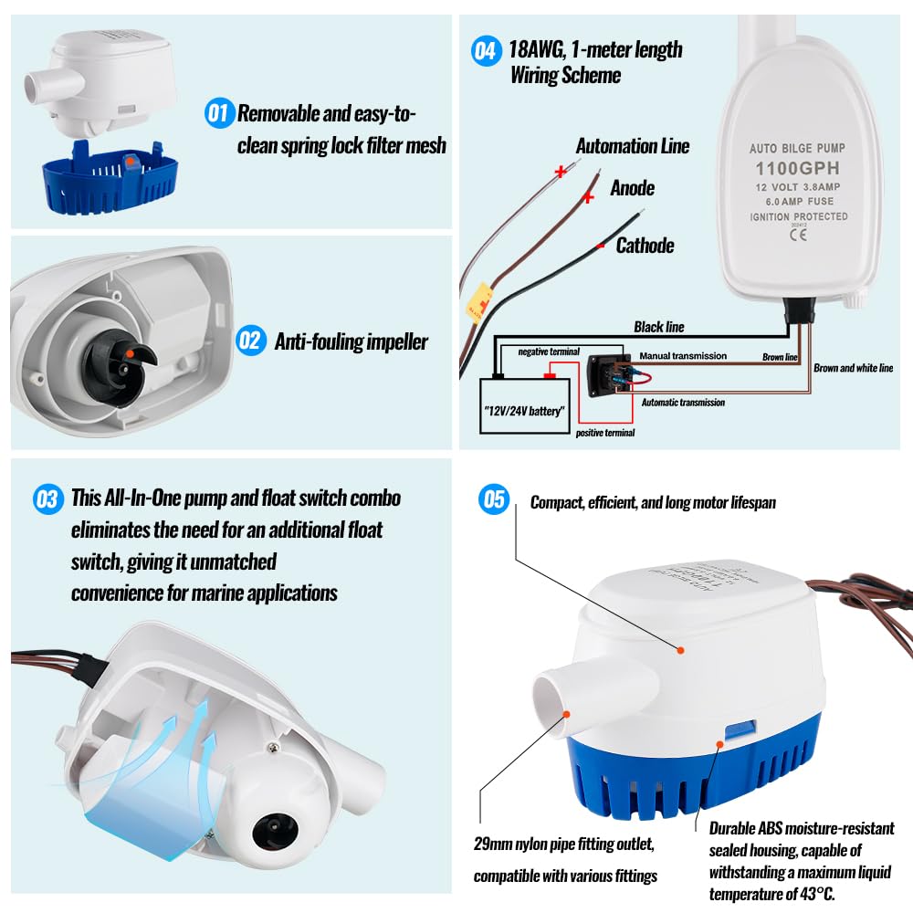 Automatic 12V 1100GPH Marine Bilge Pump with Built-in Float Switch – Auto On/Off Submersible Boat Water Pump, 1-1/8" (29mm) Outlet for Efficient Bilge Water Removal on Boats & Yachts