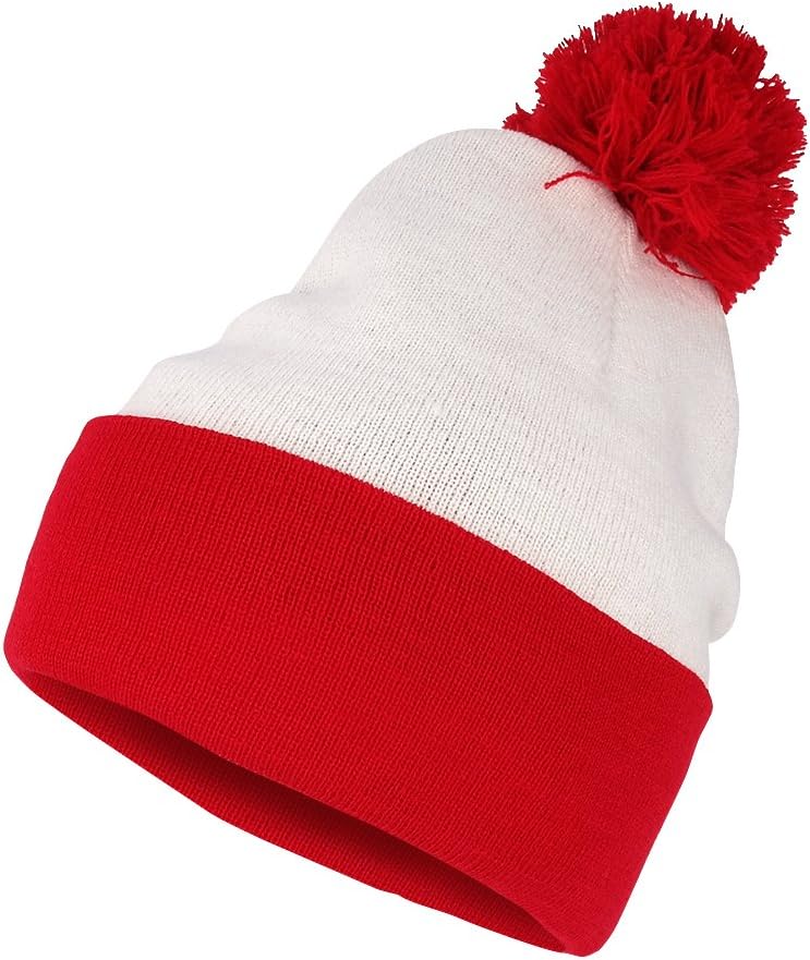 Armycrew Red White Striped Pom Pom Cuff Beanie Hat
