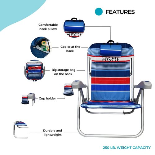 ROFFT Heavy Duty Beach Chair 6 Positions Reclining for Adults Folding Lightweight with Backpack Straps Cooler Cup Holders Big Storage Pillow and Towel bar Lay Flat Position