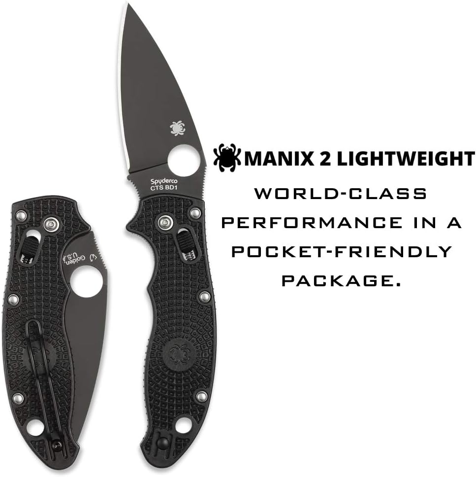 Spyderco Manix 2 Lightweight Signature Knife with 3.37" CTS BD1 Black Steel Blade and Black FRCP Handle - PlainEdge - C101PBBK2