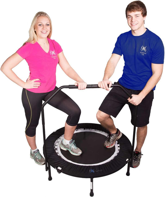 MXL Maximus PRO Folding Rebounder – Premium 40” Indoor Mini Trampoline with Bar for Adults and Kids, Fitness & Weight Loss, Folding Frame, Stability Bar, DVD & Online Workouts, 310lb
