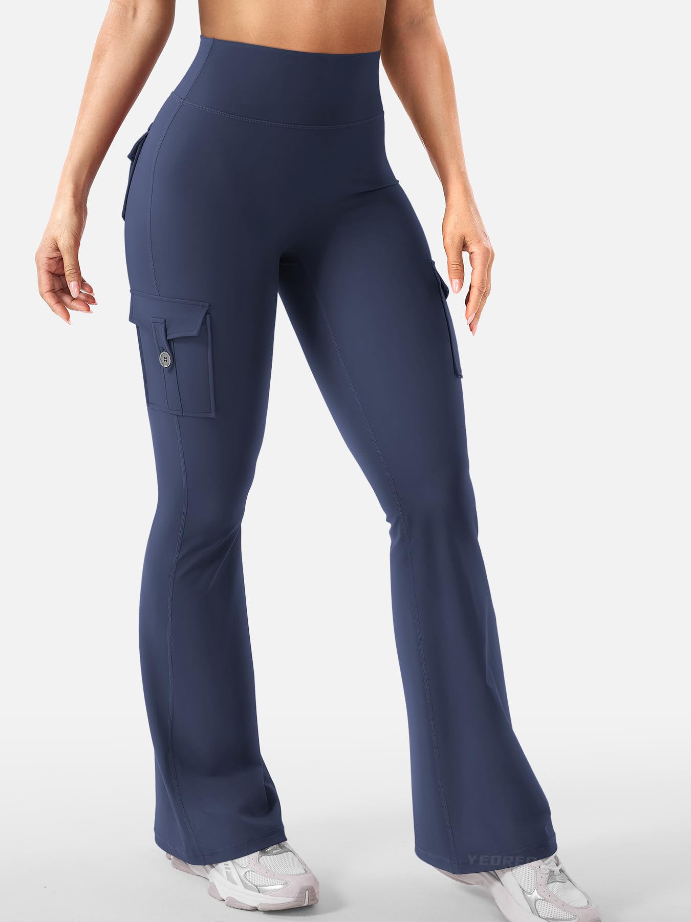 YEOREO CoreFlex Women Workout Flare Leggings with Pockets Hidden Scrunch High Waisted Cargo Gym Yoga Leggings Navy XL