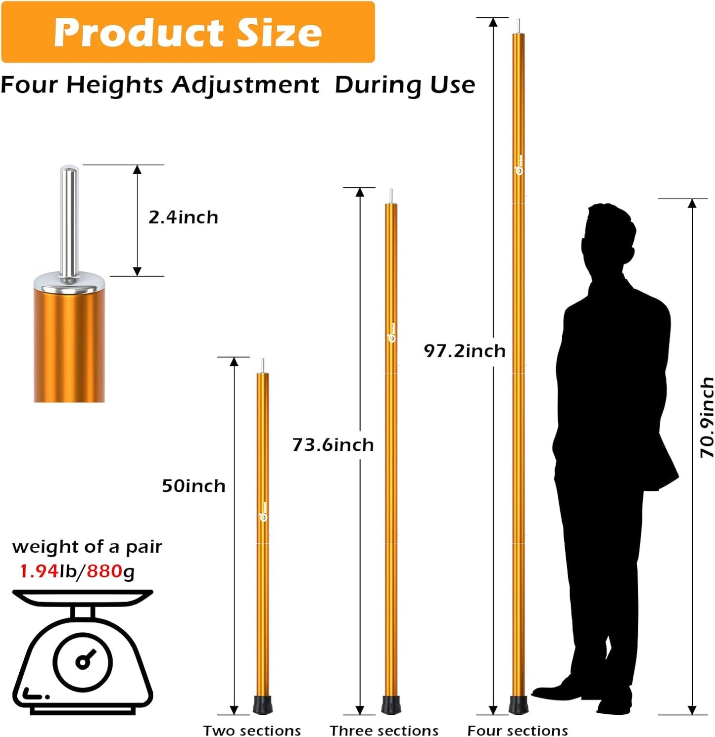 Odoland Adjustable Telescoping Aluminum Tarp and Tent Poles Set of 2 - Collapsible Lightweight for Camping, Backpacking, Hammocks, Sun Shade Shelters, and Awnings