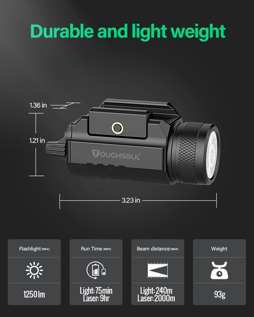 TOUGHSOUL 1200 Lumens Picatinny Rail Mount Pistol Light Green Laser Combo, White LED Flashlight with Green Beam Powered by Built in Rechargeable Battery