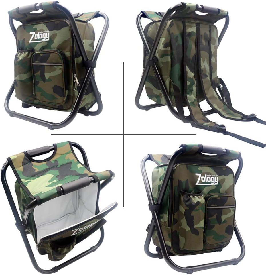 Folding Camping Chair Stool Backpack with Cooler Insulated Picnic Bag, Hiking Camouflage Seat Table Bag Camping Gear, Outdoor Fishing Hunting Gifts for Men