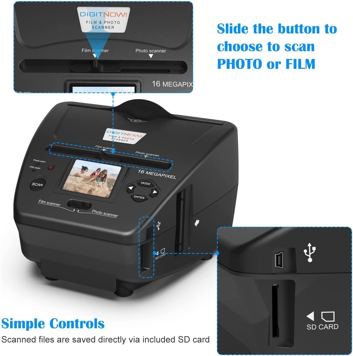 High Resolution Film Scanner with 2.4 LCD Screen - Scan 35mm Slides/Negatives/Photos/Business Cards to Digital JPEG/PDF - Fast 5s Scan Speed - Free 4GB SD Card & Adapter - PC/Mac Compatible - Grey