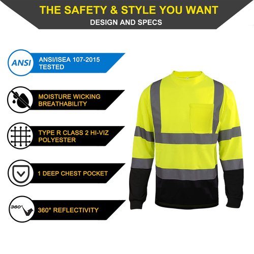 CAMNWAMN Apparel High Visibility Shirts, Long Sleeve Hi Vis Reflective Safety Shirts with Pocket for Men (Medium, Yellow+Black 4 Pack)