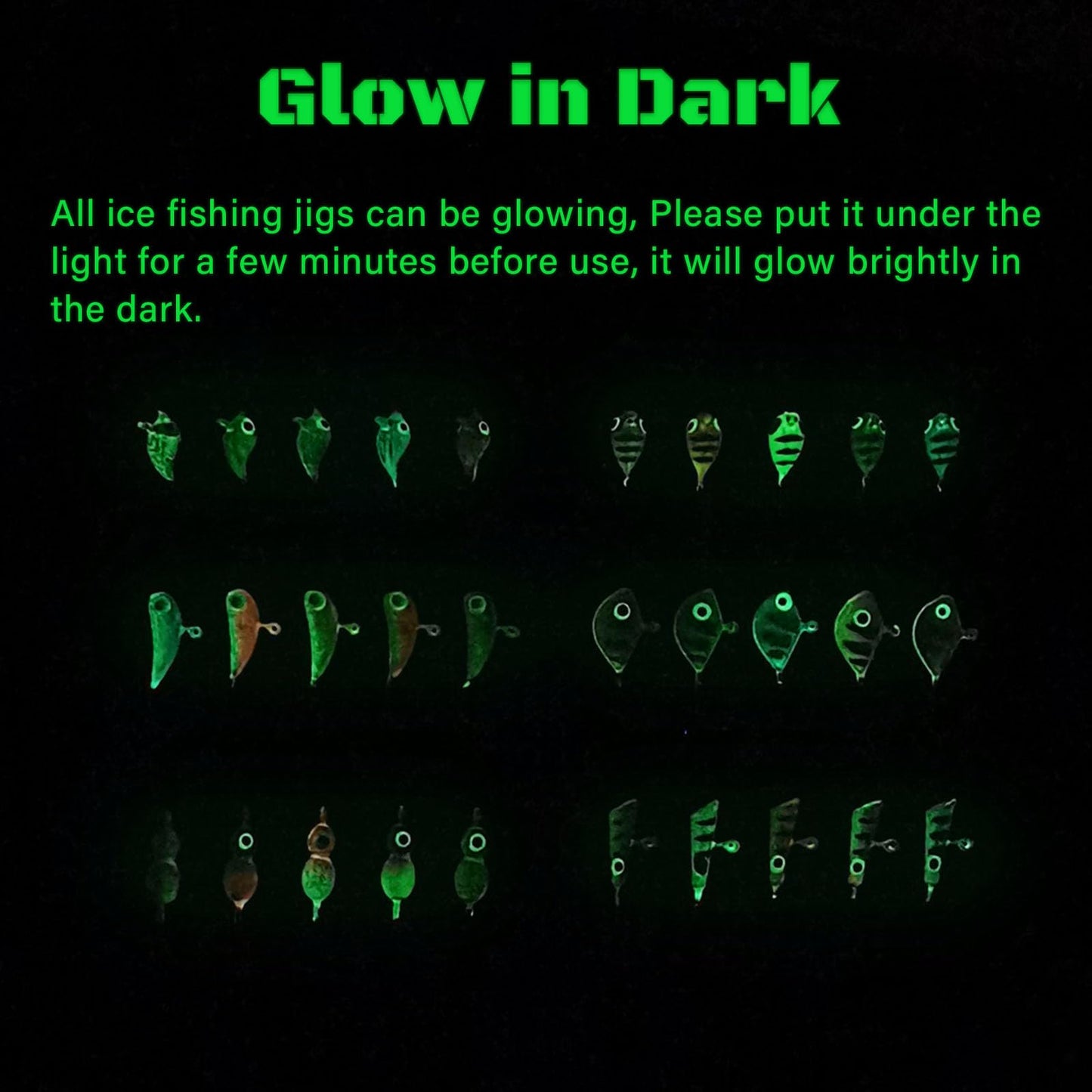 KJEIM Ice Fishing Jigs Kit, 30pcs Glow Ice Fishing Lures Luminous Ice Fishing Gear Winter Fishing Jigging for Crappie Pike Panfish Walleye Perch Bluegill