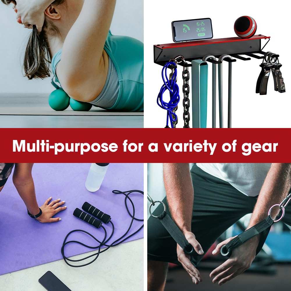 Home Gym Storage Accessory Rack Organizer with Shelf 8 Steel Hooks, Multi-Purpose Workout Gear Equipments, Fitness Resistance Bands, Lifting Belts Wall Rack Holder- MK713B