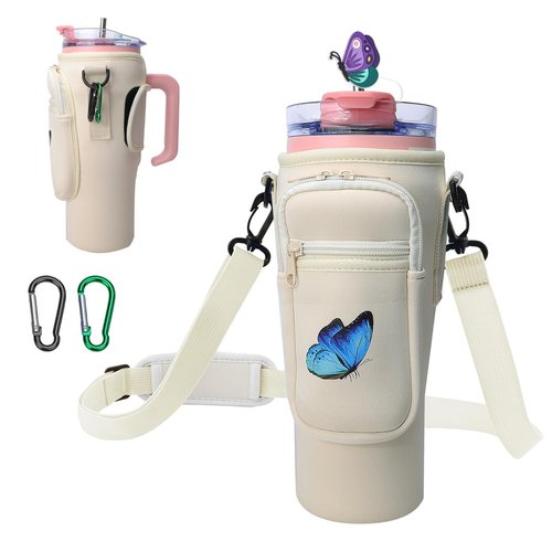 YININGYUXI Butterfly Water Bottle Carrier Bag with Phone Pocket for Stanley Cup 40 oz, Water Bottle Holder with Adjustable Strap, Stanley Cup Accessories