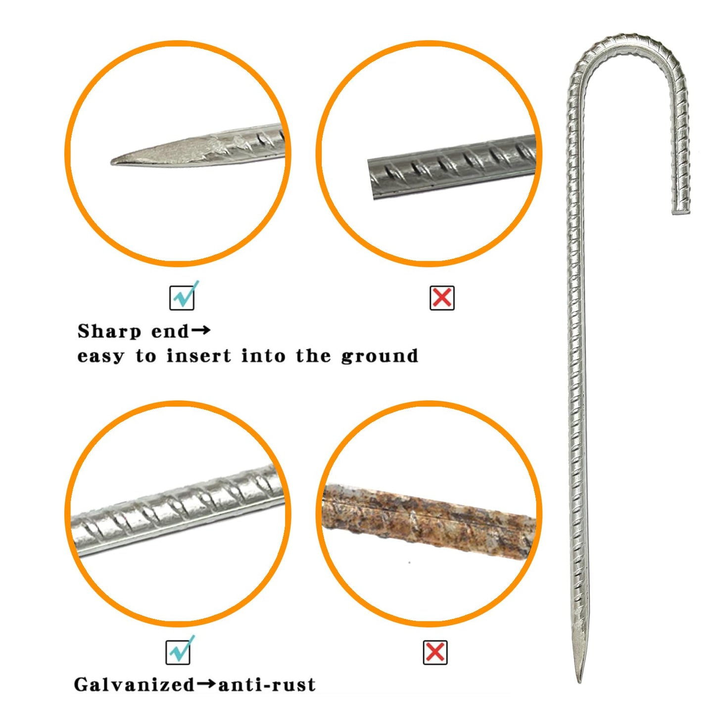 J Hook Heavy Duty Galvanized Reinforced Ground Nails - Outdoor Canopy Tent & Gardening Ground Anchor (12)