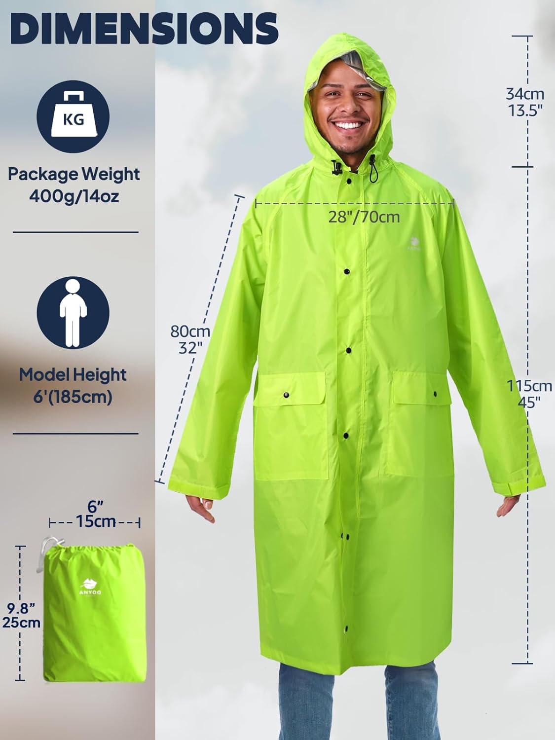 ANYOO Hood Rain Poncho Waterproof Lightweight Raincoat for Men Women Adult with Pocket for Hiking Camping Outdoor Activities