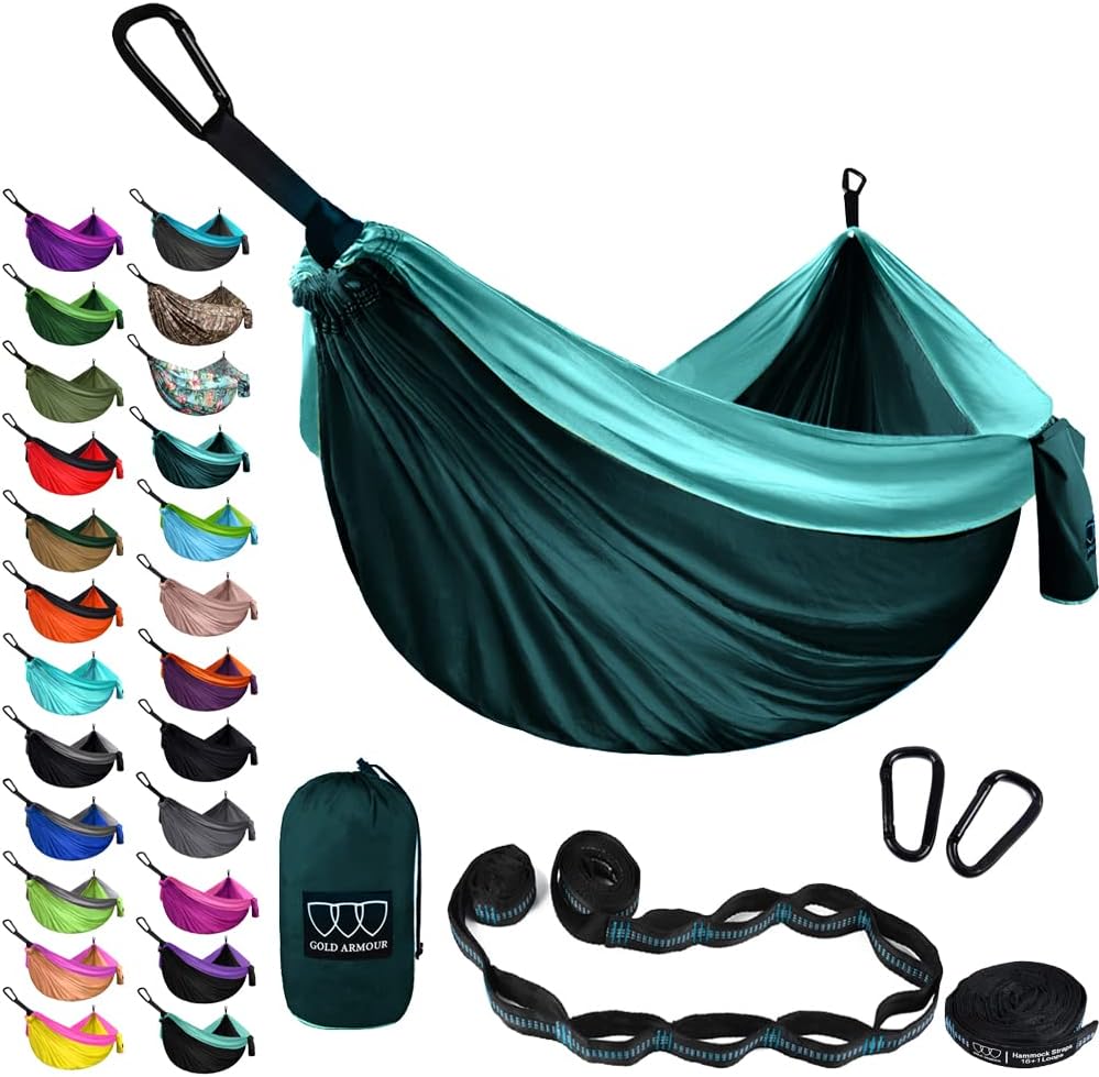 Gold Armour Camping Hammock - XL Double Hammock Portable Hammock Camping Accessories Gear for Outdoor Indoor with Tree Straps, USA Based Brand (Gray)