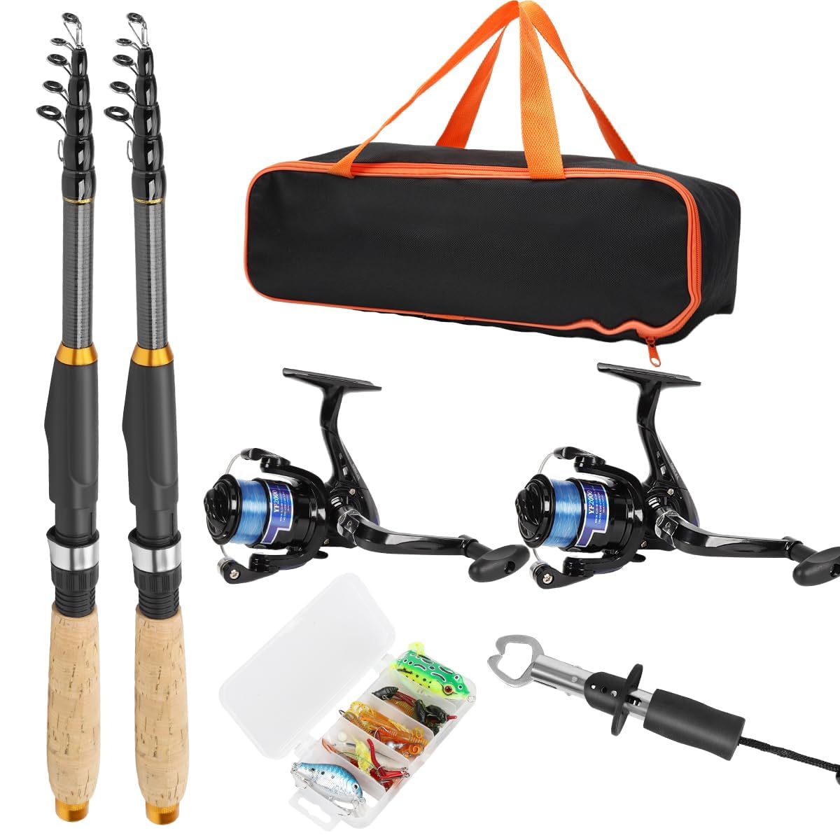 Fishing Rod and Reel Combo, 2PCS Telescopic Fishing Pole with Spinning Reel Lures Set,Fish Lip Gripper and Tackle Bag, Saltwater Freshwater Collapsible Fishing Kit for Beginner Adults