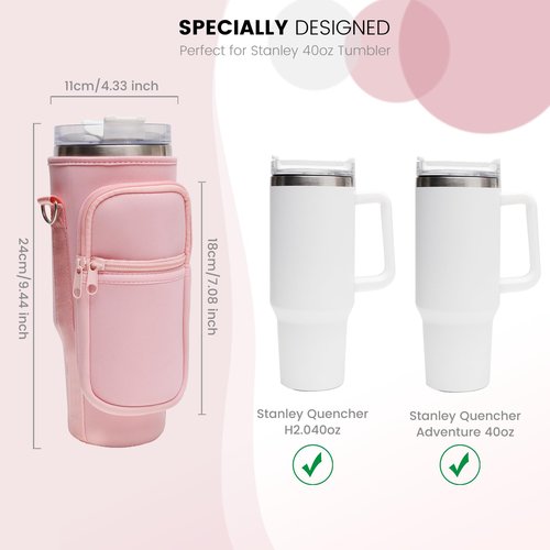 DCLMALL Water Cup Holder Bag with Pocket for Stanley 40oz Tumbler with Handle,Water Cup Carrier for Hiking Travelling Camping with Adjustable Shoulder Strap for Stanley Cup Accessories (pink)