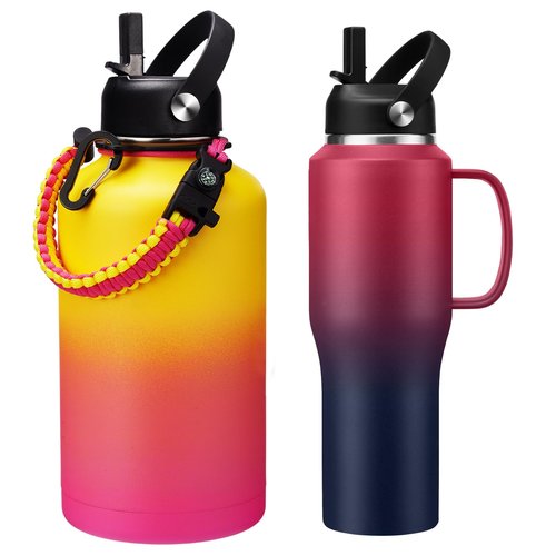 DIGJUPER 40 oz Water Bottles with Handle that Fit Cup Holders and 64oz Water Flask, Stainless Steel Water Bottle with Straw, Paracord Handle & Sleeve Strap