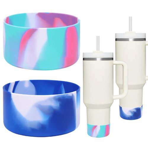 QIANHAI Protective Silicone Boots for Stanley Quencher Adventure 40oz Tumbler & IceFlow 30oz 20oz Base Bottom Sleeve, Non-Slip Sport Water Bottle Stanley Cup Accessories (1PinkBlue&1BlueWhite)