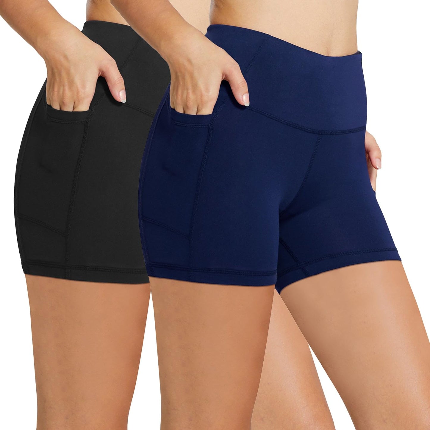 baleaf Biker Shorts Women Yoga Gym Workout Spandex Running Volleyball Tummy Control Compression with Pockets 5" 2-Pack Black/Navy Blue XS