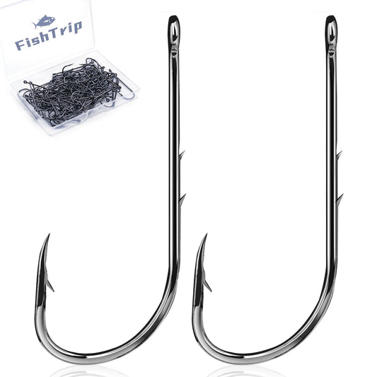 FishTrip Baitholder Hooks Fishing Offset- 100pcs Bait Holder Fish Hook Double Barbed/Long Shank/Closed Eye/Black for Fishing Rigs Freshwater Saltwater 12#