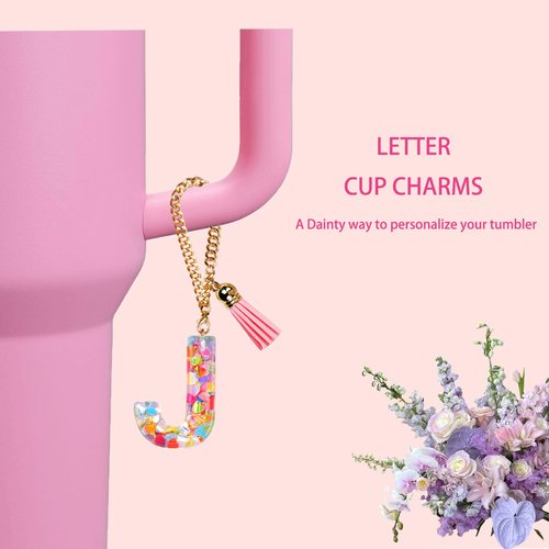 Oudizz Letter Charm Accessories for Stanley Cup with Handle,Cute Initial Letter J Keychain Handle Charm for Stanley Tumbler,Stanley Cup Accessories for Women Girls