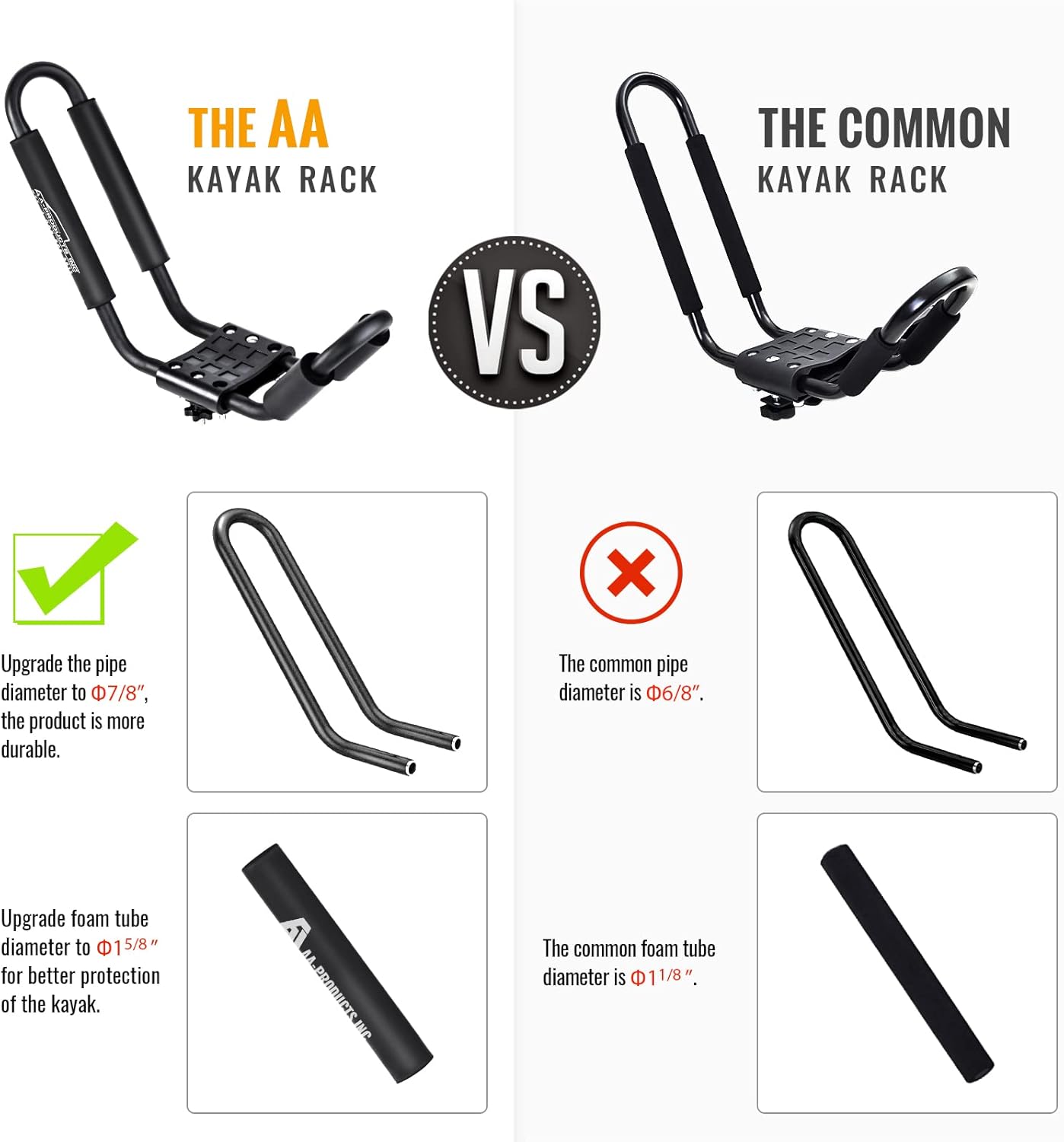 AA-Racks J-Bar Rack for Kayak Canoe Boat Carrier Roof Top Mount on Car SUV Truck Crossbar with 16 Ft Ratchet Lashing Straps & 10 Ft Ratchet Bow and Stern Tie Down Straps