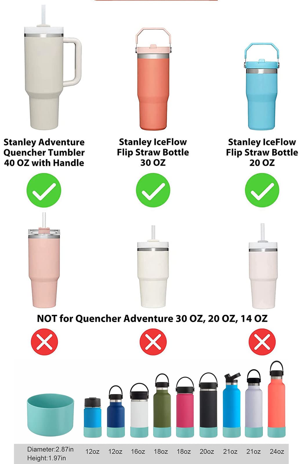 JERYMUND 2Pcs Silicone Boot for Stanley Cup Accessories, Protective Water Bottle Bottom Cover for Stanley Tumbler 40 30 20 oz & Hydro Flask 12-24oz & Select Yeti