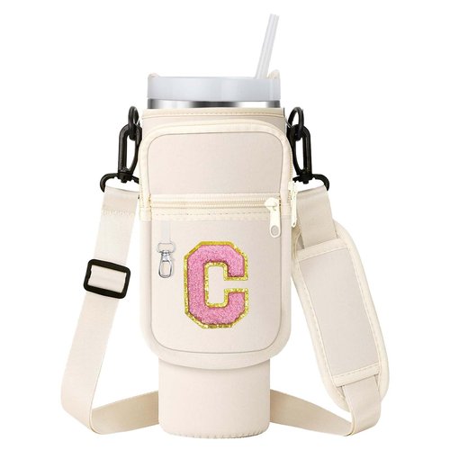 Water Bottle Carrier Bag for Stanley 40oz Tumbler with Phone Pocket, Bafezoze Water Bottle Holder with Strap, Initial Stanley Cup Accessories Letter C