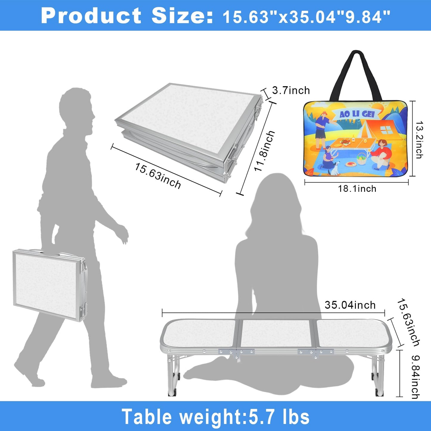 AO LI GEI Folding Camping Table Small with Storage Bag,Adjustable Height Portable Picnic Table,Upgraded Thickening Lightweight Outdoor Table Aluminum Legs (Sliver:15.7"x35.4", Height:10.6")