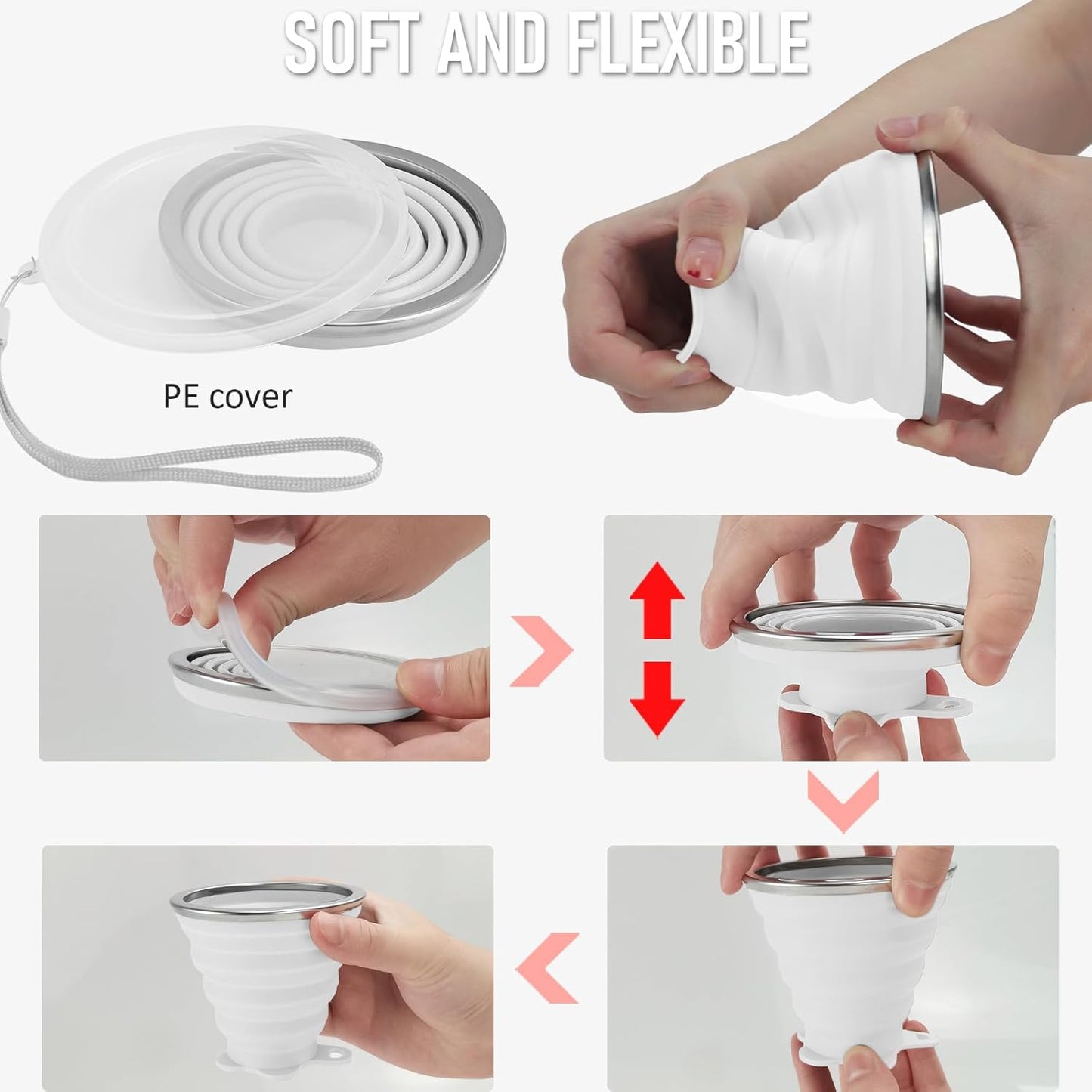 JBER Silicone Collapsible Travel Cup, 4 Pack Silicone Folding Camping Cup with Lids Expandable Drinking Cup Set BPA Free Reusable Portable Graduated for Outdoor Hiking Travel