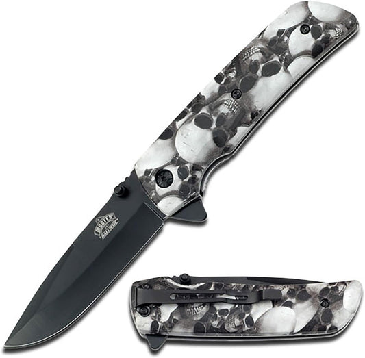 MASTER USA – Spring Assisted Open Folding Knife – Black Stainless Steel Blade, Grey Skull Camo Coated Nylon Fiber Handle with Pocket Clip, Tactical, EDC, Self Defense- MU-A005GY