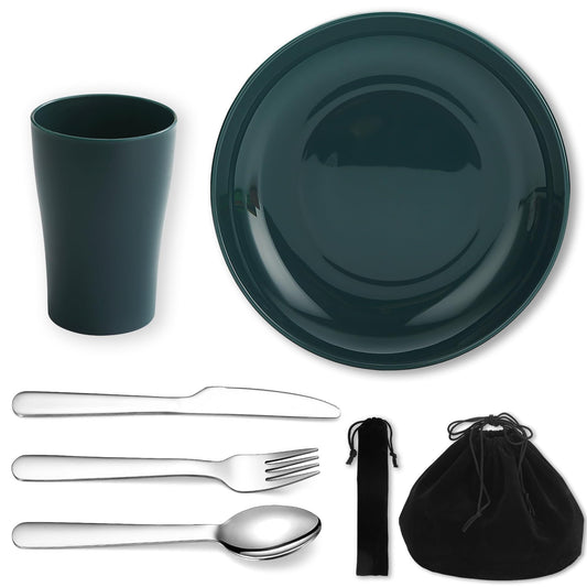 Evanda Camping Cutlery Set 5 Piece, Reusable Light Weight Mug, Plate and Stainless Steel Cutlery Set with Black Bag, for Camping 1 Person, Dishwasher Safe