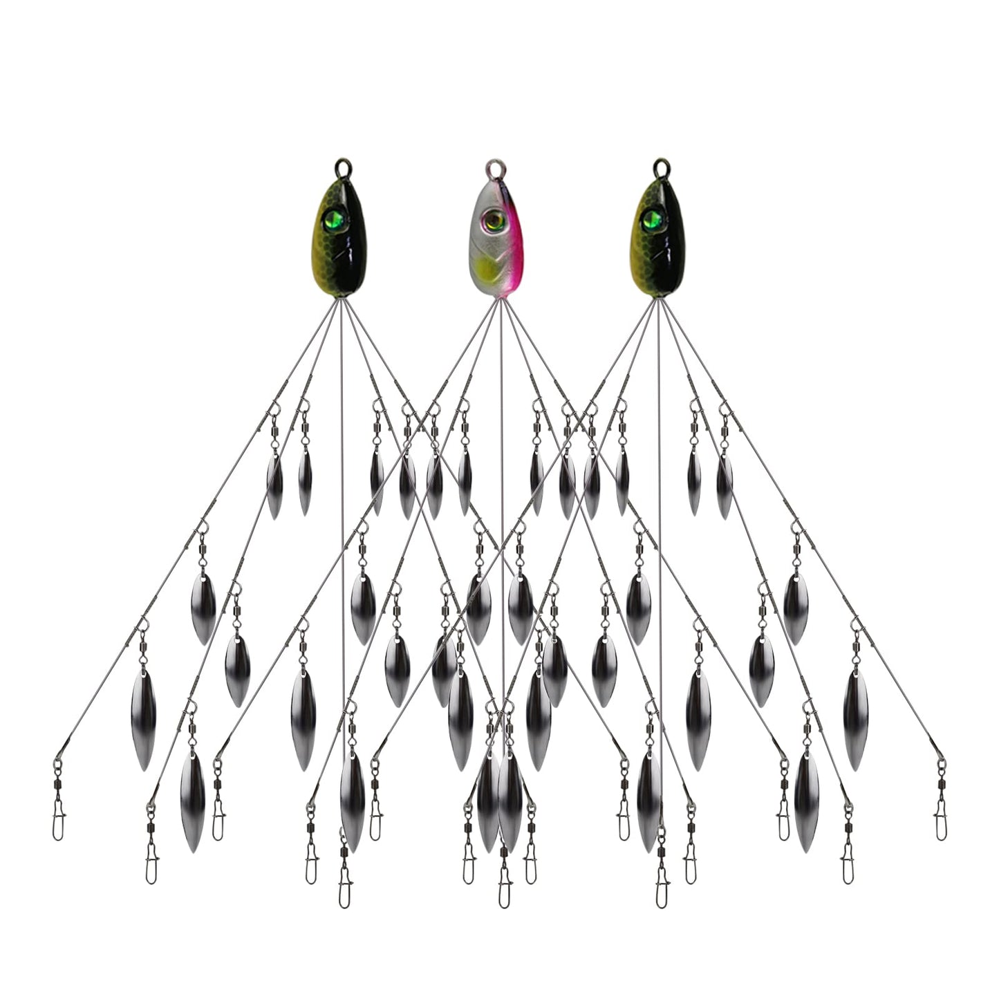 HCHinn 3pcs Alabama Rig for Bass Striper Fishing Lures Baits 5 Arms Umbrella A-Rig Swimbaits with 12 Willow Leaf Blades for Trout Perch Walleye Freshwater/Saltwater Boat Trolling and More