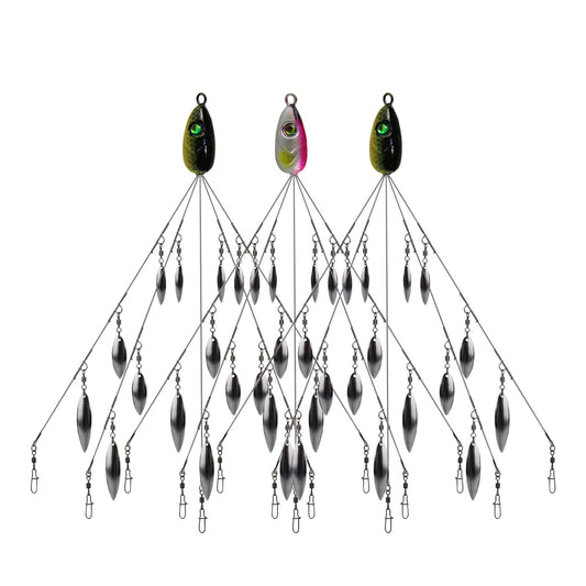 HCHinn 3pcs Alabama Rig for Bass Striper Fishing Lures Baits 5 Arms Umbrella A-Rig Swimbaits with 12 Willow Leaf Blades for Trout Perch Walleye Freshwater/Saltwater Boat Trolling and More