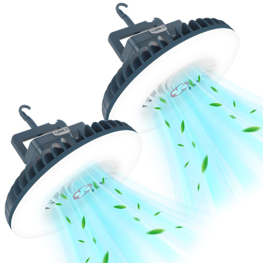 2 Packs Portable Camping Fan with LED Lantern,USB Rechargeable for Phone Waterproof Tent Fan with Hanging Hook Magnet Survival Kits for Indoor Outdoor Hiking Car Office Desk Outdoor Emergency Power
