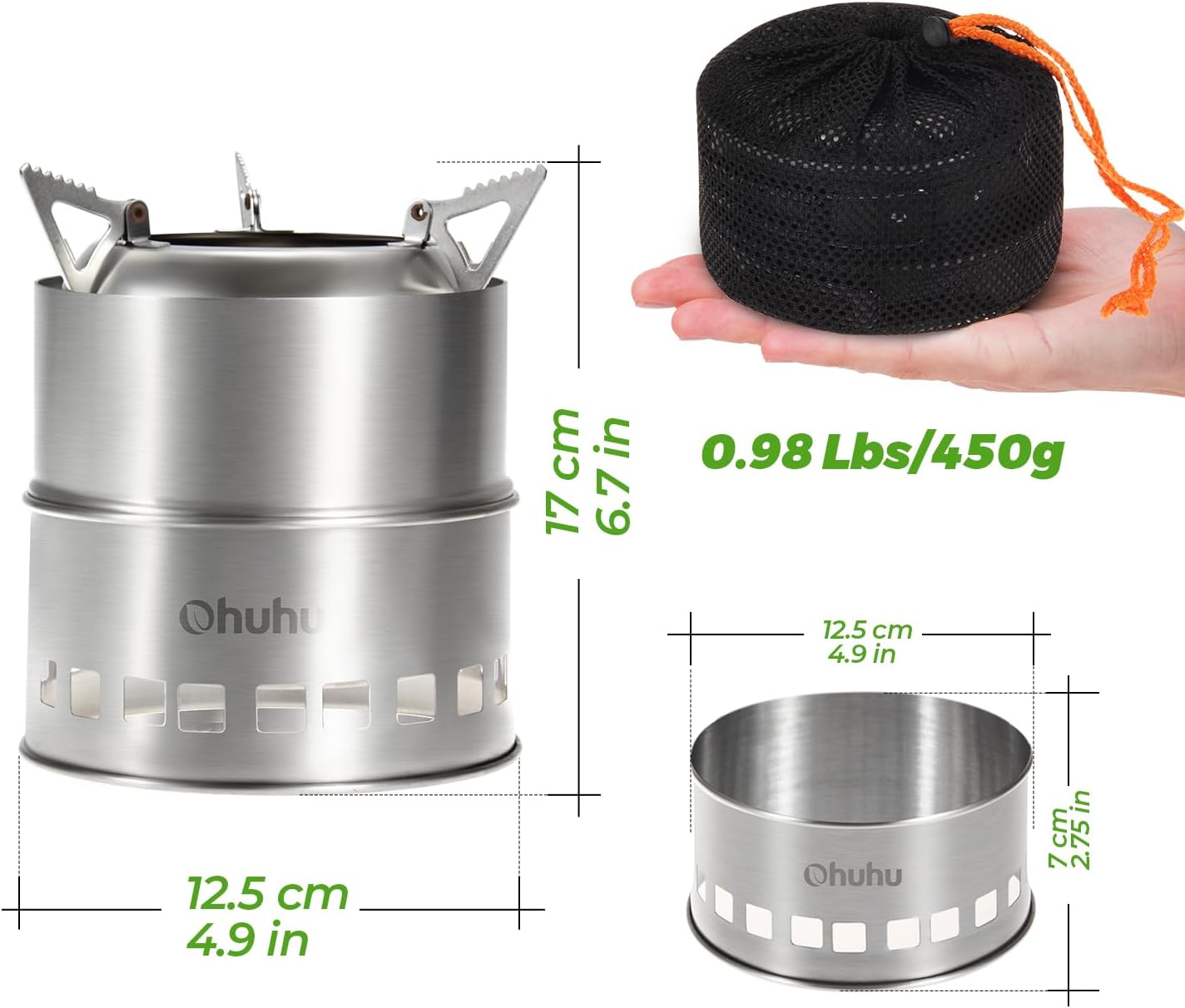 Camping Stove, Ohuhu Camp Stove Wood Burning Stove Stainless Steel Stoves Mini Portable Stove for Camping Picnic BBQ Backpacking Hiking Survival Emergency Cooking Outdoor with Grill Grid Carry Bag
