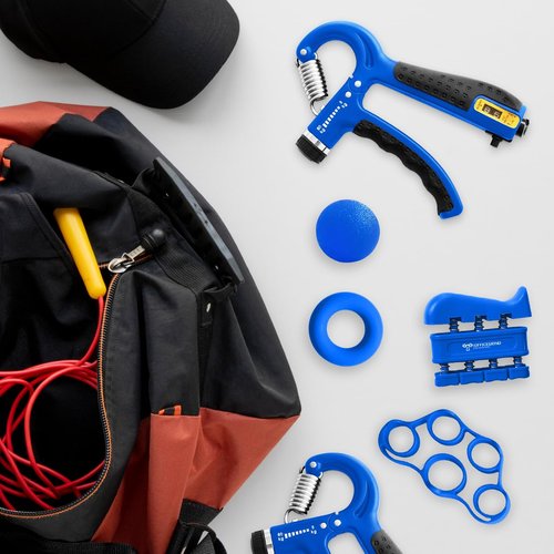 Grip Strength Trainer Kit with Finger Exerciser, Finger Stretcher, Forearm Grip Adjustable Hand Gripper, Exercise Grip Ring and Stress Relief Grip Ball for Athletes Muscle Trainer, Blue