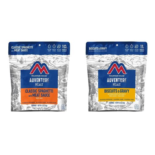 Mountain House Classic Spaghetti with Meat Sauce + Biscuits & Gravy | Freeze Dried Backpacking & Camping Food |2 Servings Each