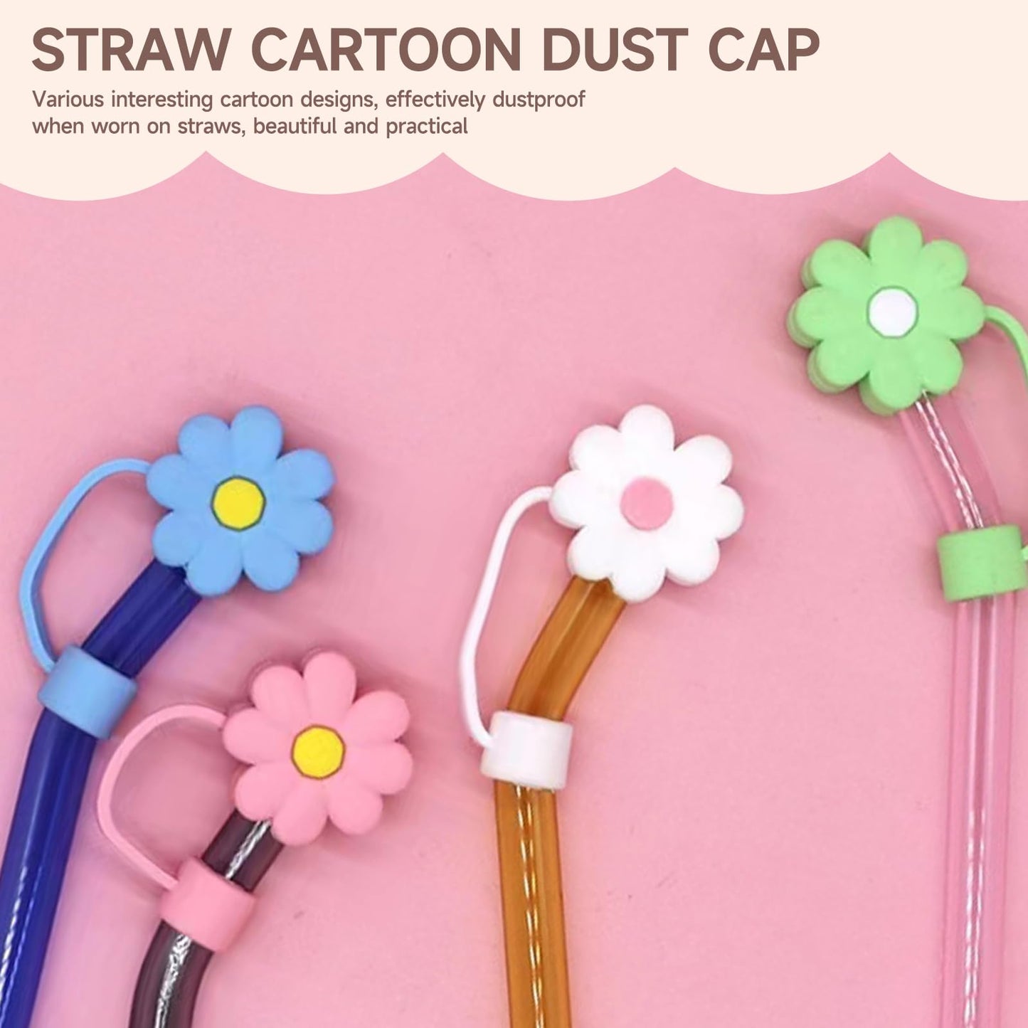 5 Pcs Silicone Flower Straw Covers Cap ，Cute Toppers Compatible with Stanley Cup 20 30 40 Oz，Dust-Proof Protector Plugs，Reusable Drinking Tips Lids，Water Bottle Accessories for Traveling