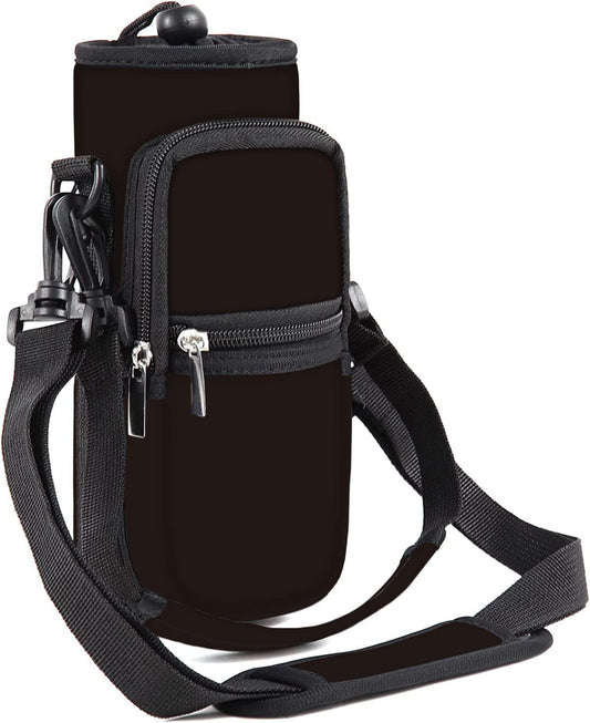 RICHEN Neoprene Water Bottle Carrier Bag 25/32/40 oz, Bottle Pouch Holder with Adjustable Padded Shoulder & Handle Strap and Front Pockets for Men/Women Hiking Travelling Camping (Black, 40oz)