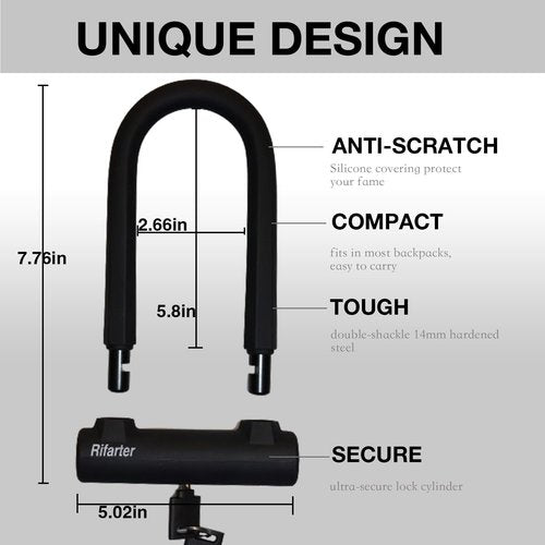 Rifarter Bike Locks Heavy Duty Anti Theft, Bicycle Lock U Lock with 5ft Security Steel Cable and Keys, 17mm Shackle Compact Bike U-Locks with Mounting Bracket for Road, Mountain Bike, Scooters